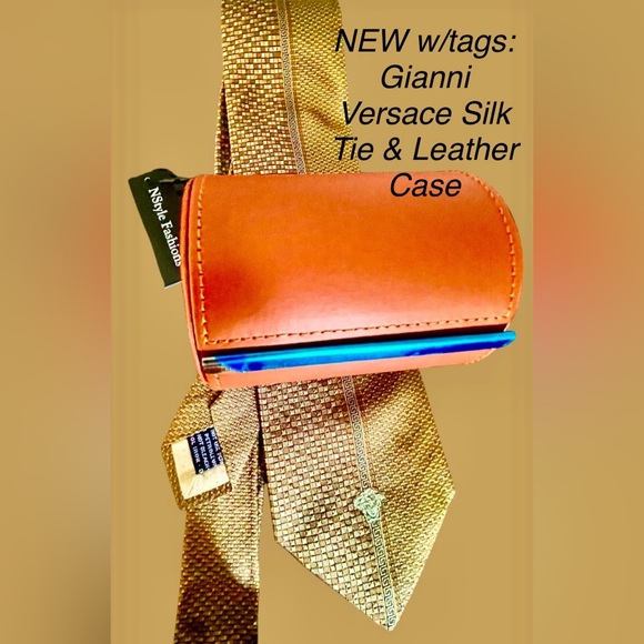 Gianni Versace NWT Silk Tie & Leather Tie Case; Medusa head in center/ Greek Key - Picture 2 of 11
